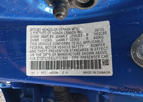 2020 Honda Civic Si Sedan из США, поврежденный, VIN 2HGFC1E58LH707604